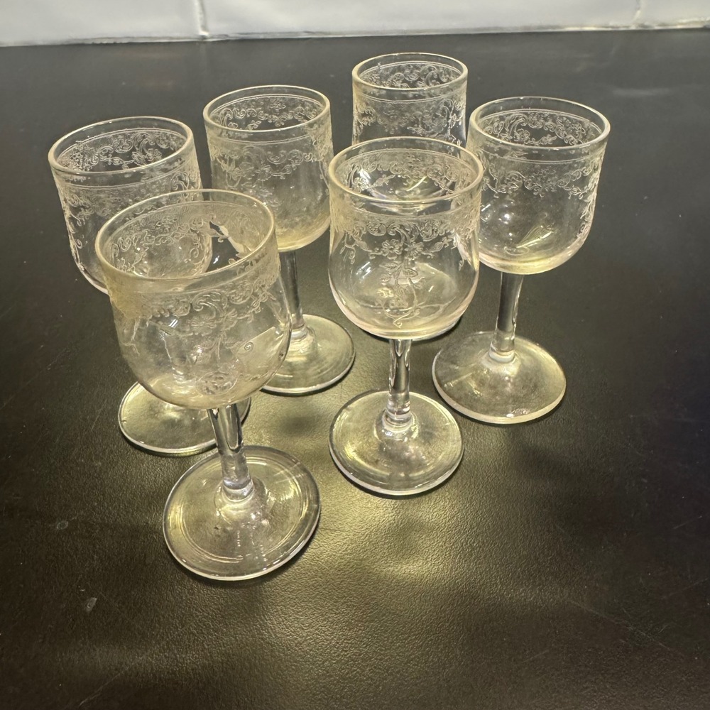 Vintage Etched Cordial Glasses Set of 6 Clear Floral Scroll Pattern 3.75"